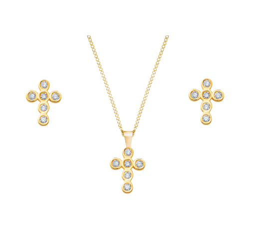 Golden Crystal Cross Necklace & Earring Set