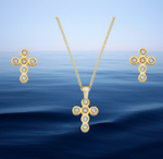 Load image into Gallery viewer, Golden Crystal Cross Necklace &amp; Earring Set
