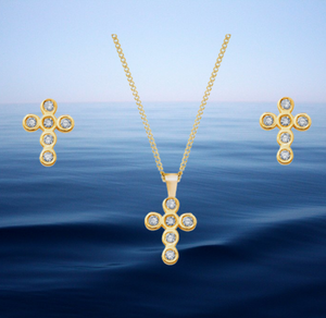 Golden Crystal Cross Necklace & Earring Set