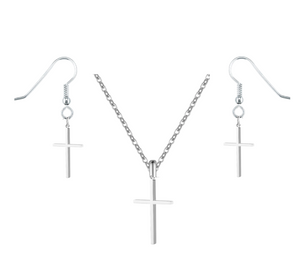 Silver Cross Necklace & Earring Set